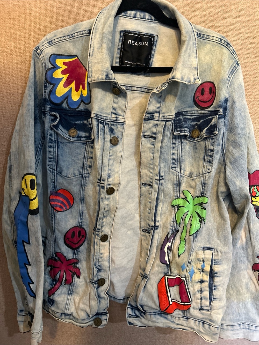 REASON Light Wash Denim Jacket with Multicolor Patches